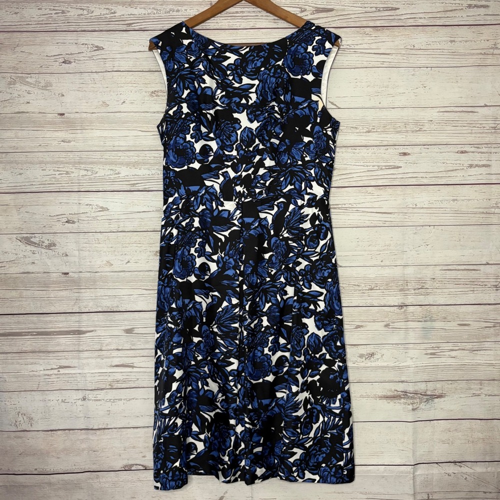 Talbots Pure Silk Blue Black Floral Sleeveless Sheath Dress Size 6